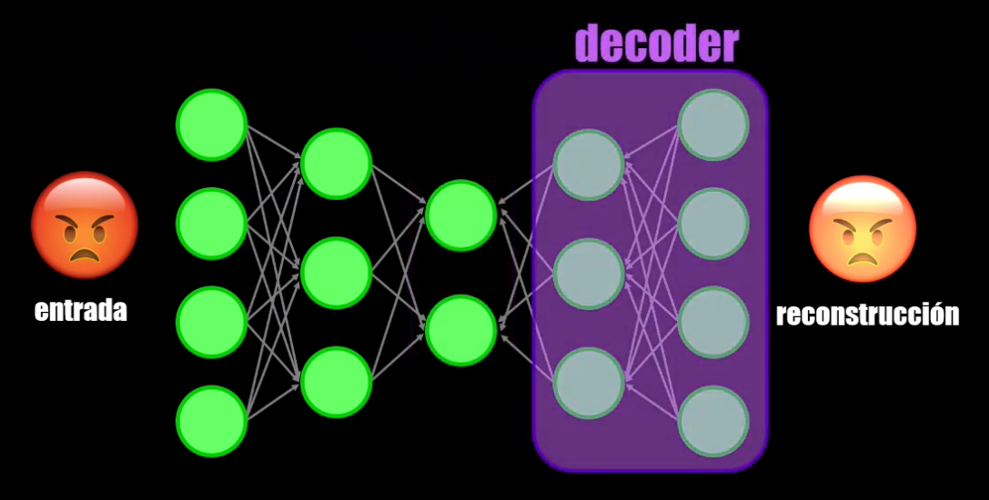 El decoder realiza el proceso inverso del encoder: toma el dato comprimido (con menores dimensiones) y lo lleva al espacio del dato original (con mayores dimensiones)