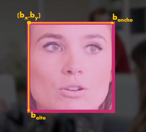 El 'bounding box' de un rostro indicando las coordenadas (bx,by) de su origen, así como su ancho y su alto